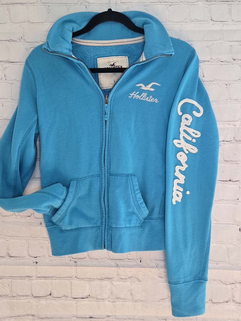 Vintage Y2K Hollister Zip Up Higj Collar Jacket L Logo Embroidered Sweatshirt